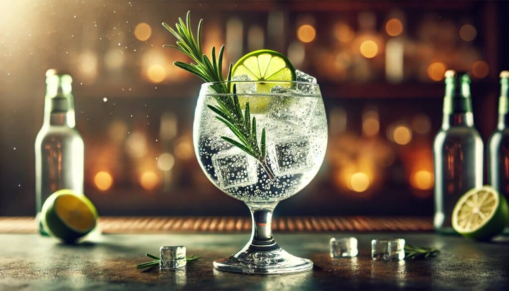 Gin Tonic auf einer Bar in einem Kelchglas